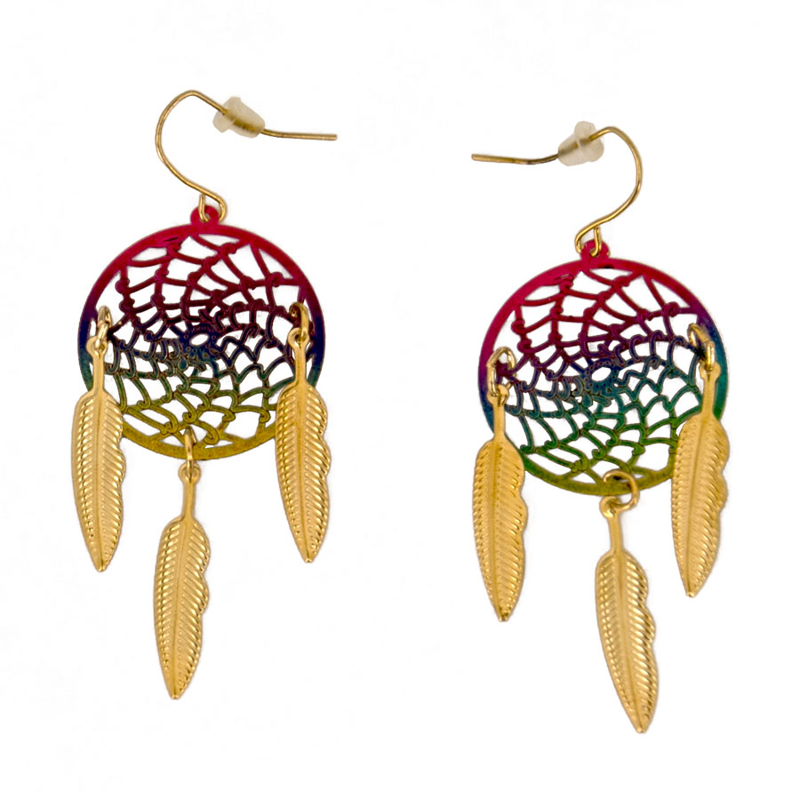 Multi Color Stainless Steel Dream Catcher Earrings with Gold Feather